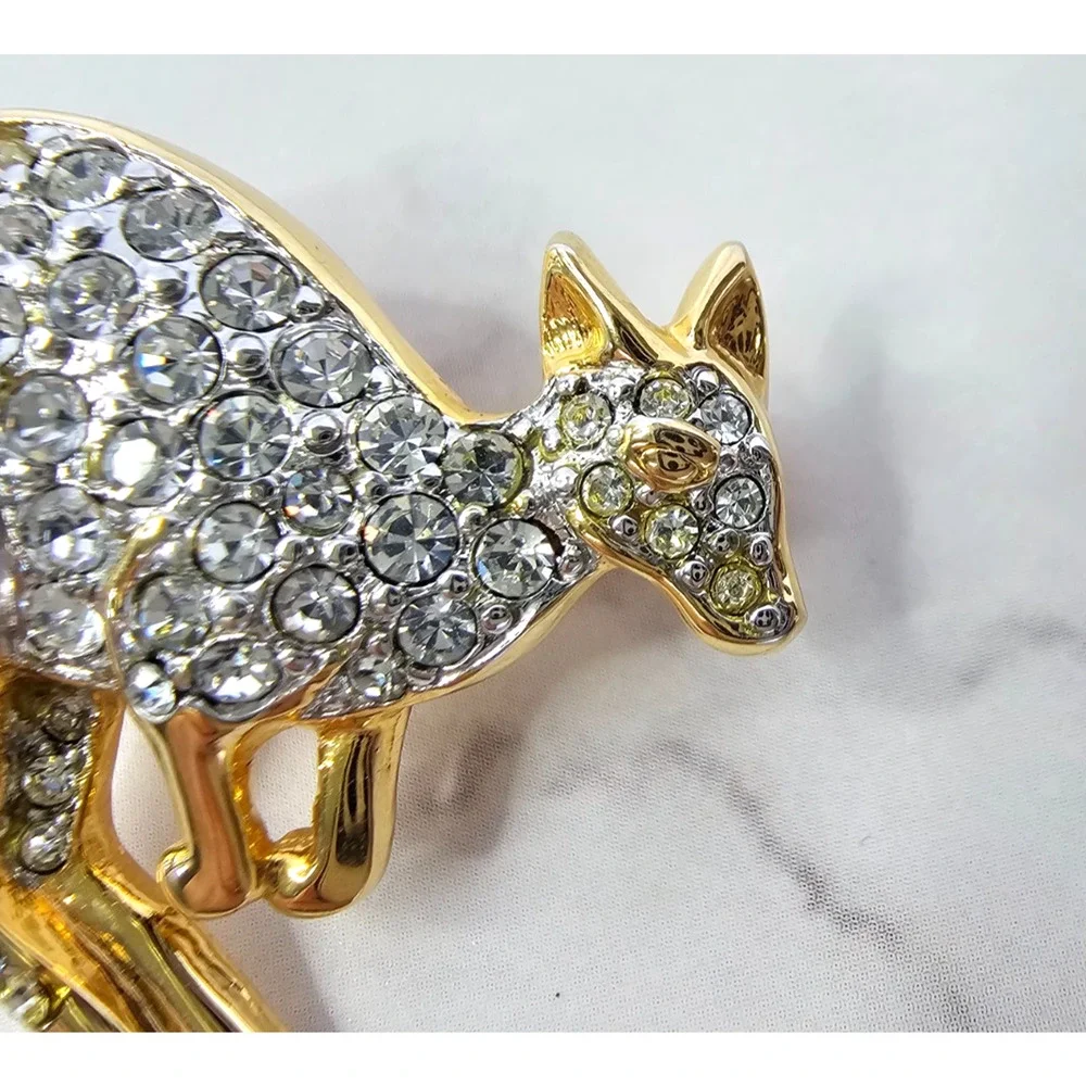 Vintage Rhinestone Kangaroo Figural Brooch Gold Tone 1980s Australia Souvenir